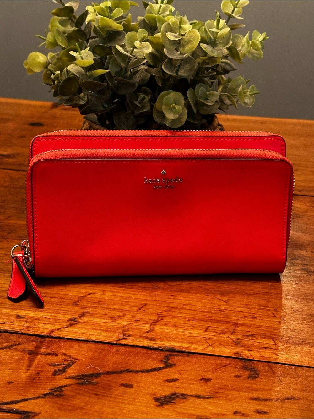 kate spade coral orange zip-around continental wallet multi compartment